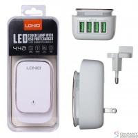 LDNIO LD_B4378 A4405/ Сетевое ЗУ + Led светил. 2.4W + Кабель Lightning/ 4 USB Auto-ID/ Выход: 22W/ White&Gold