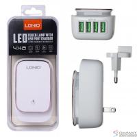 LDNIO LD_B4377 A4405/ Сетевое ЗУ + Led светил. 2.4W + Кабель Micro/ 4 USB Auto-ID/ Выход: 22W/ White&Gold